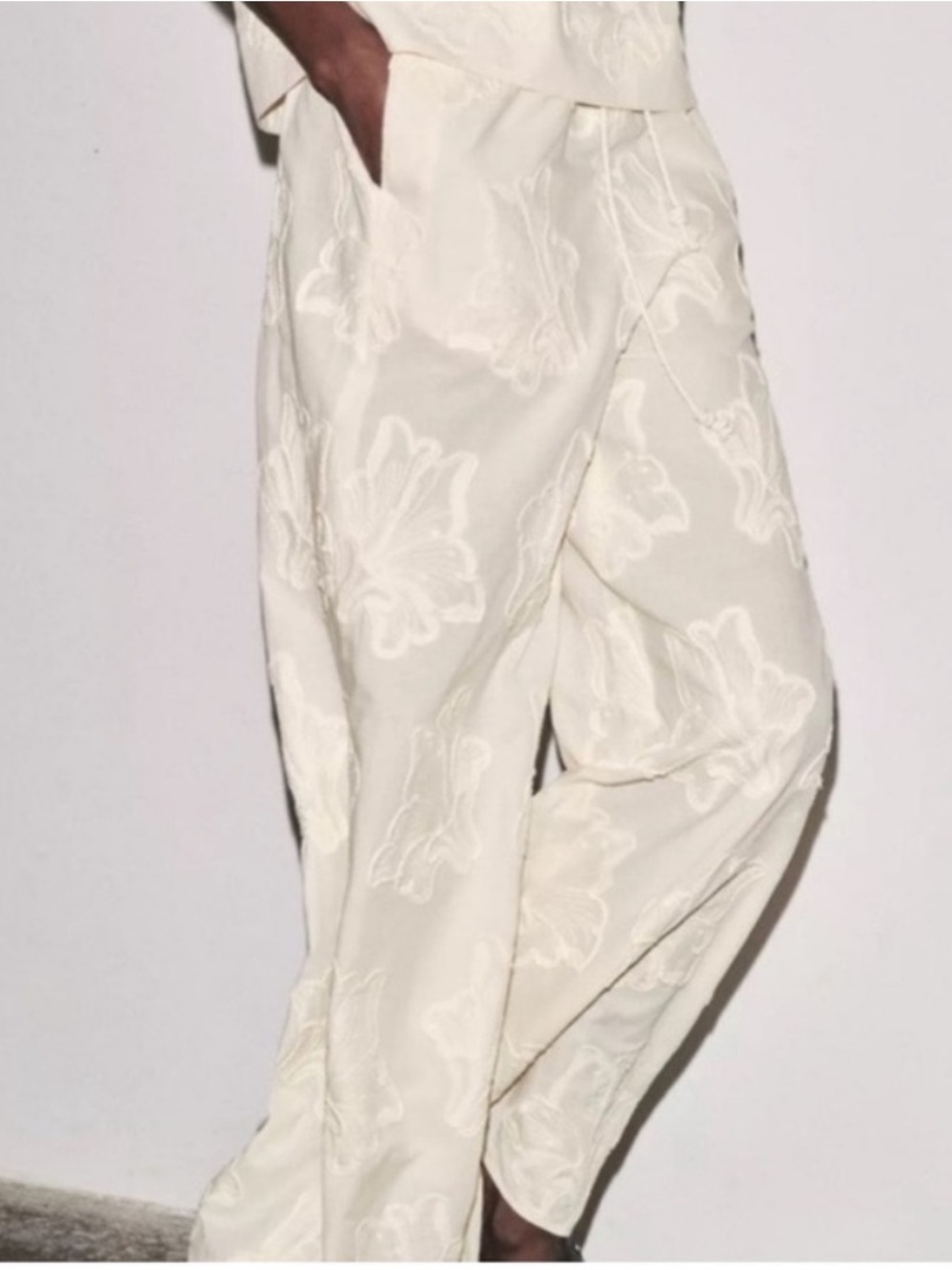 Zara Cream Wide-Leg Embroidered Trousers